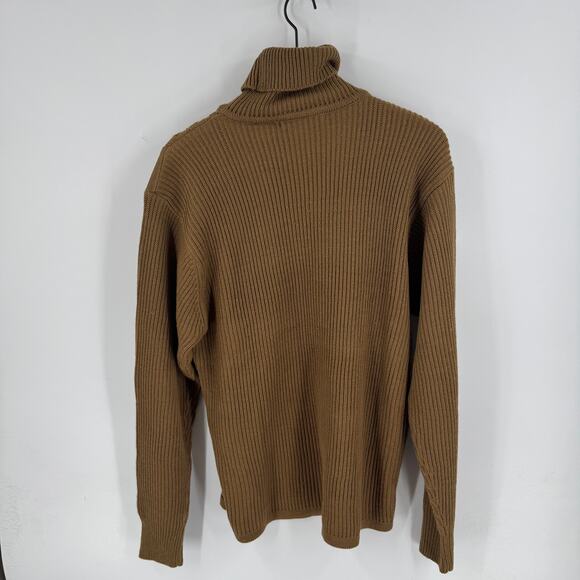 Lorenzino Brown Knit Turtleneck Sweater Suede Leather Trim Cable Knit Size Large - Picture 2 of 8